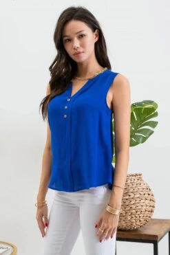 Blu Pepper Split Neck Button Down Sleeveless Blouse -Fashion Clothing Blu Pepper Split Neck Button Down Sleeveless Blouse ROYALBLU 2 74402.1711389014