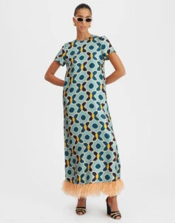 Swing Dress Plaza Light Blue In Silk Twill With Feathers