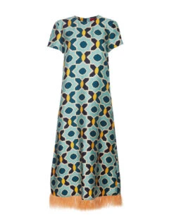 Swing Dress Plaza Light Blue In Silk Twill With Feathers -Fashion Clothing DRE0316SIL001PLA01 BU01 4