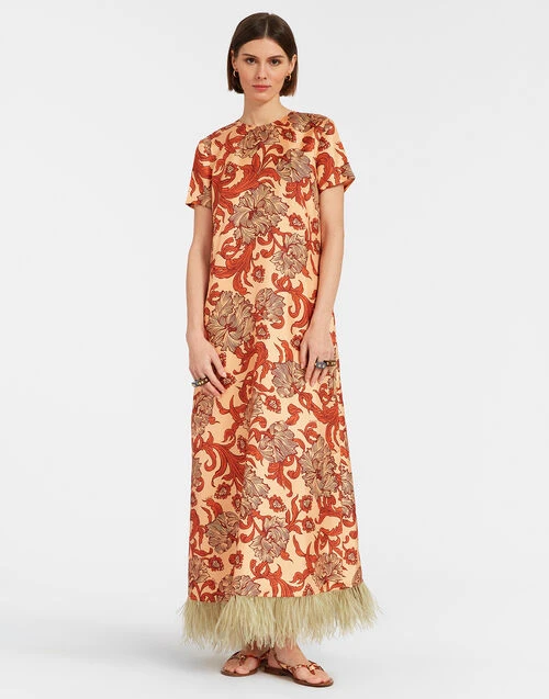 Swing Dress Reef Pale Pink In Silk Twill With Feathers 1 Swing Dress Reef Pale Pink In Silk Twill With Feathers