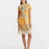 Mini Swing Dress Anemone Orange In Silk Twill With Feathers
