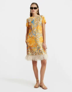 Mini Swing Dress Anemone Orange In Silk Twill With Feathers