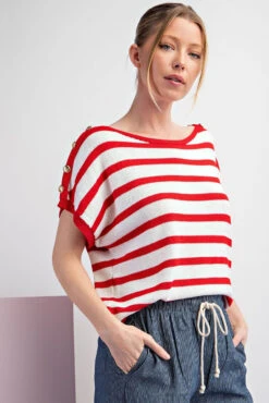 EE:Some Striped Button Shoulder Top -Fashion Clothing EE Some Striped Button Shoulder Top TOMATO 2 37552.1713811092