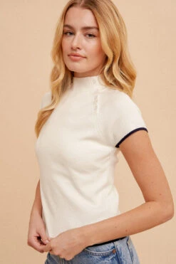 Hem & Thread Button Detail Mock Neck 7 Hem & Thread Button Detail Mock Neck -Fashion Clothing Hem Thread Button Detail Mock Neck ECRU 2 24220.1710445363