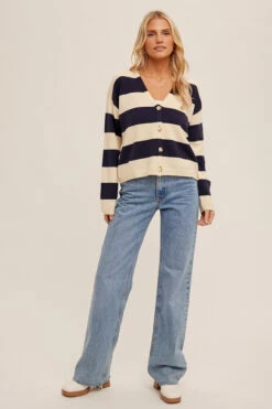 Hem & Thread Striped Boxy Cardigan - 35480 -Fashion Clothing Hem Thread Striped Boxy Cardigan 35480 NAVY 4 76653.1710444554
