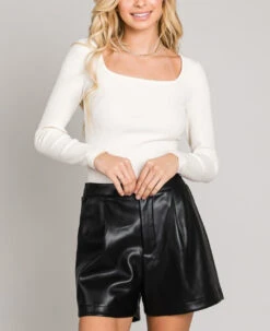 Pleather High Waisted Pleated Shorts 9 Pleather High Waisted Pleated Shorts -Fashion Clothing Pleather High Waisted Pleated Shorts BLACK 4 99390.1710521564