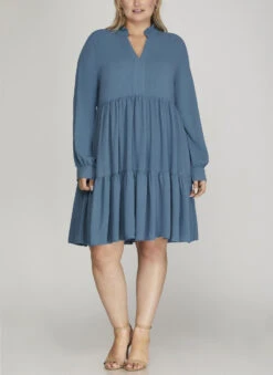 Plus Notched Neck Tiered Dress -Fashion Clothing Plus Notched Neck Tiered Dress DUSTYBLU 1 32748.1710521170