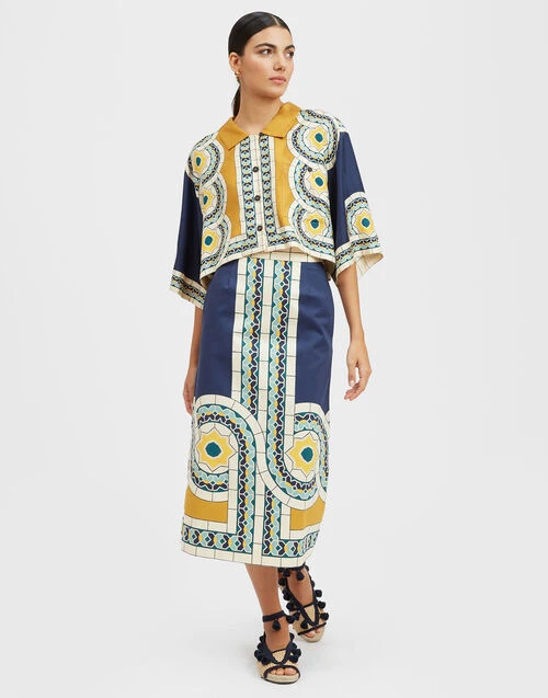 Baia Skirt Mudejar Placée Blue In Flat Cotton Stretch 1 Baia Skirt Mudejar Placée Blue In Flat Cotton Stretch