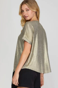 She + Sky Drop Shoulder Vneck Metallic Knit Top -Fashion Clothing She Sky Drop Shoulder Vneck Metallic Knit Top LTBRONZE 2 15622.1713797104
