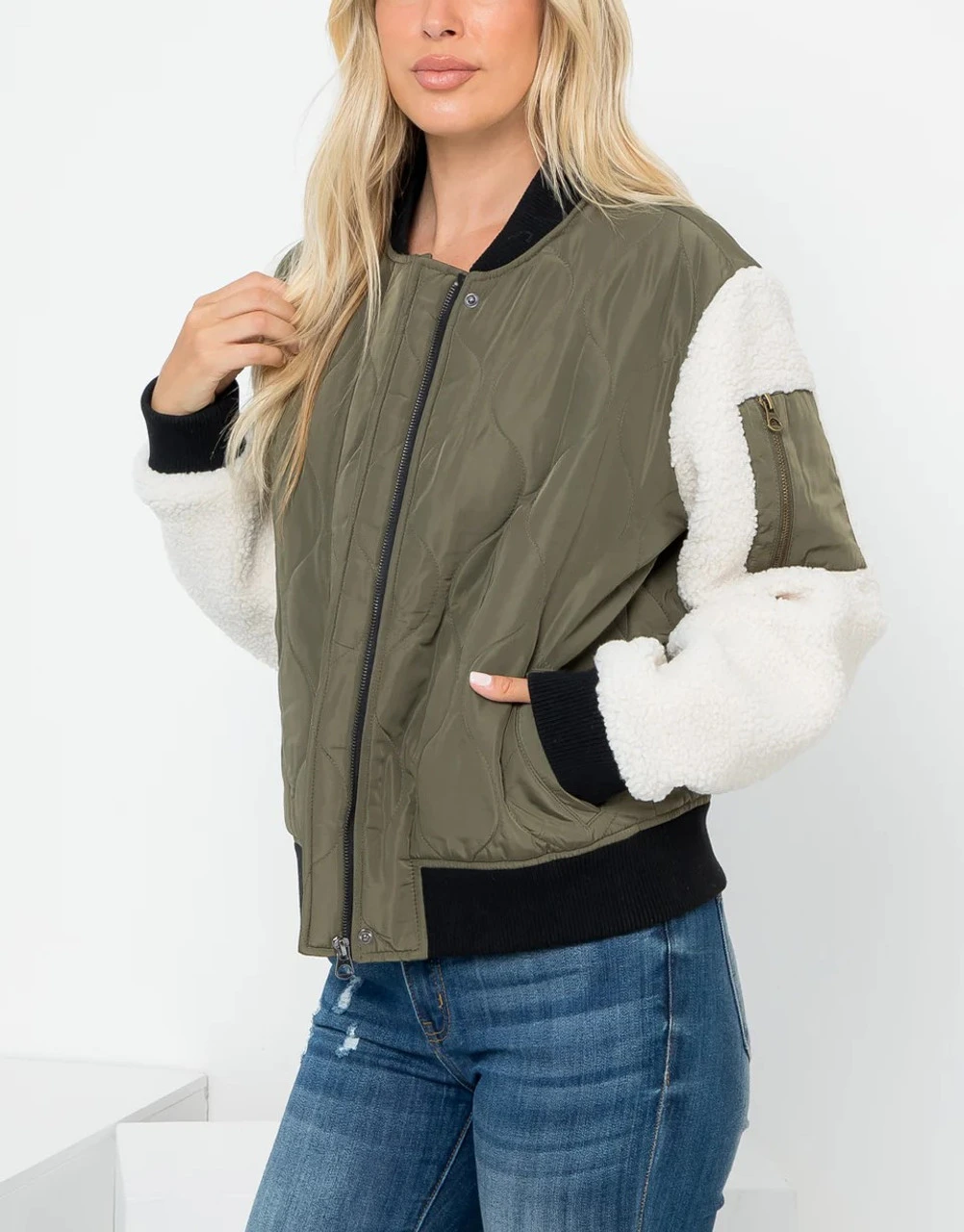Sherpa Sleeve Quilted Bomber 2 Sherpa Sleeve Quilted Bomber - Image 2