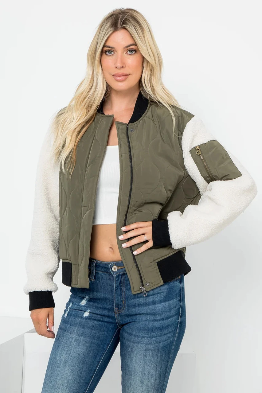 Sherpa Sleeve Quilted Bomber 3 Sherpa Sleeve Quilted Bomber - Image 3