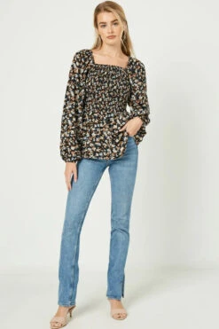 Square Neck Smocked Top -Fashion Clothing Square Neck Smocked Top BLACK 4 46511.1710522426