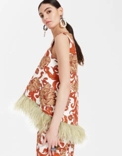 La Scala Top Reef White In Shot Cotton With Feathers