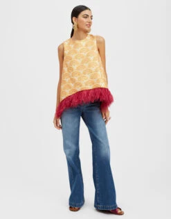 La Scala Top Fans Gold In Jacquard With Feathers -Fashion Clothing TOP0013JCQ072FAN02 YE05 2