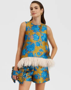 La Scala Top Hottie Turquoise In Jacquard With Feathers