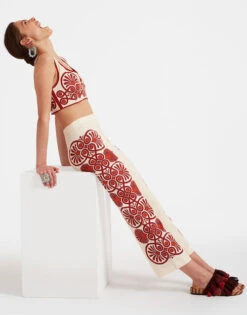 Stretch Pants Medallion Placée Cream In Envers Satin -Fashion Clothing TRO0054VIS011MED01 WH03 4