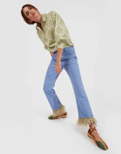Fancy Crop Jeans (With Feathers) Light Blue In Denim -Fashion Clothing TRO0097DEN001SOLID BU01 2