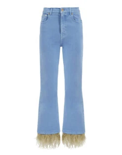 Fancy Crop Jeans (With Feathers) Light Blue In Denim -Fashion Clothing TRO0097DEN001SOLID BU01 6